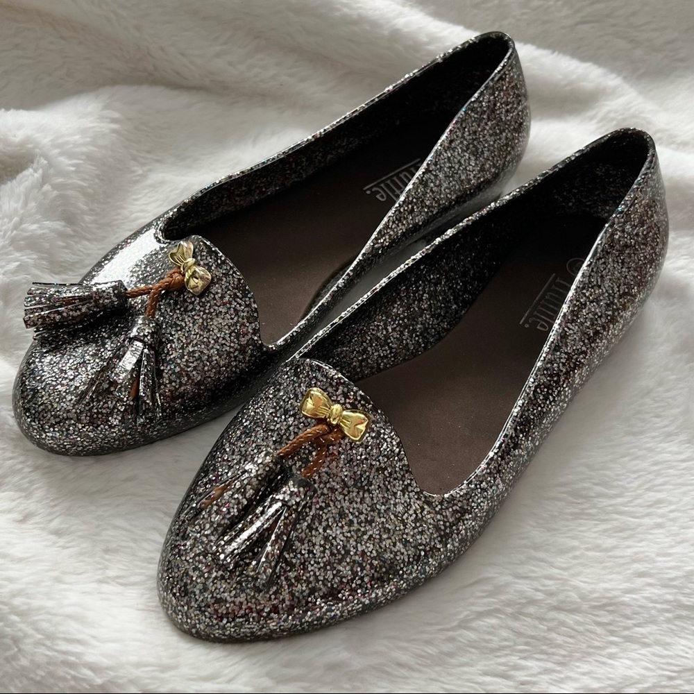 Truffle Gray and Silver Glitter Jelly Tassel Loafers Flats Size EU 38